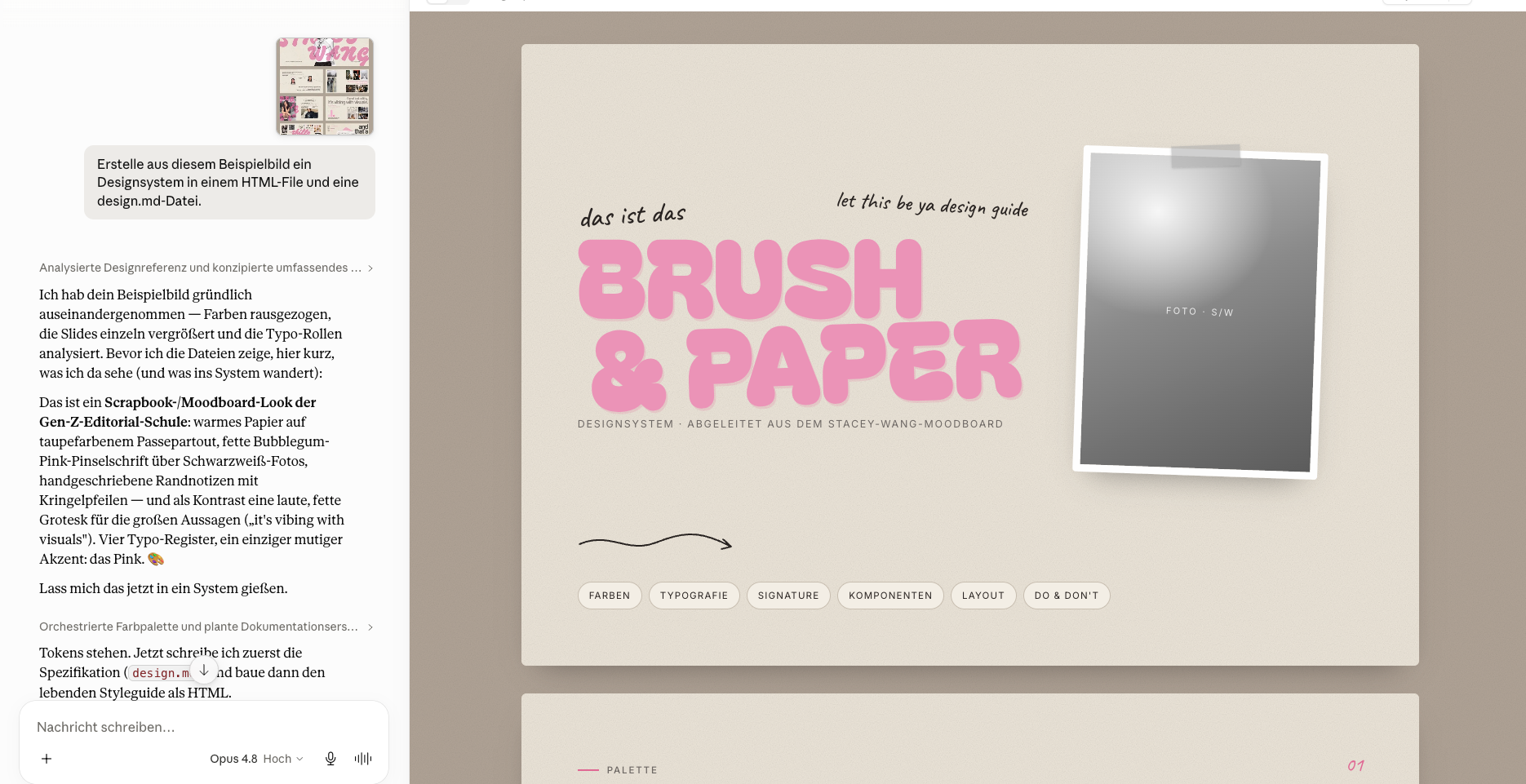 Screenshot: Claude leitet aus einem Beispielbild ein Designsystem ab